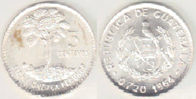1964 Guatemala silver 5 Centavos (Unc) A005226
